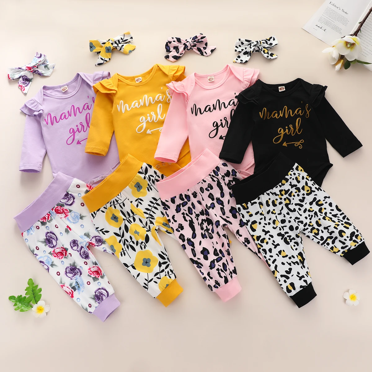 

3Pcs Newborn Outfit Infant Baby Long Sleeve Round Neck Letter Print Romper Leopard / Flower Pattern Pant and Headband