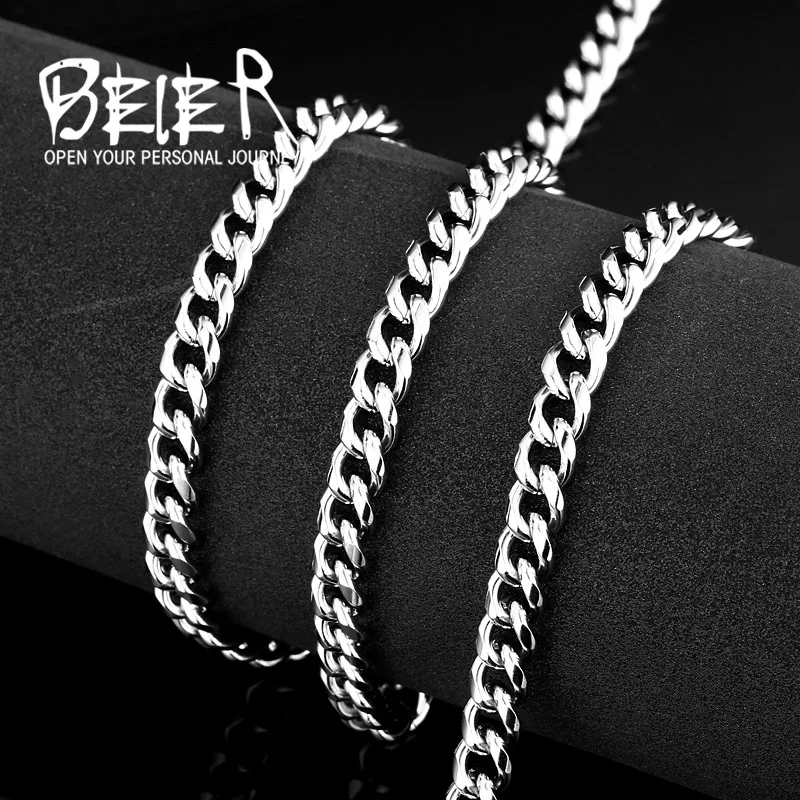 BEIER, серебряное, наполненное, сплошное ожерелье, панцирное звено, мужские, кубинские цепи, чокер, нержавеющая сталь, мужские, Женские аксессуары, мода BN1030