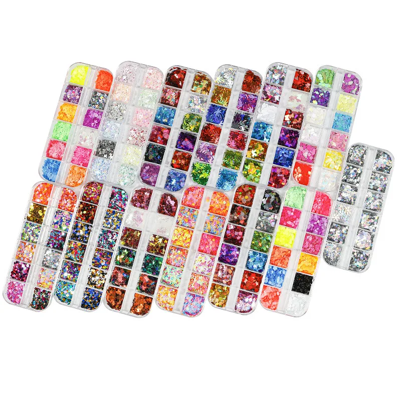 

20 Types 1 Box Maple Leaf Fall Leaf 4mm Glitter Shape Non-Toxic Polyester Glitter Nail Glitter Maple Leaf /Snowflake