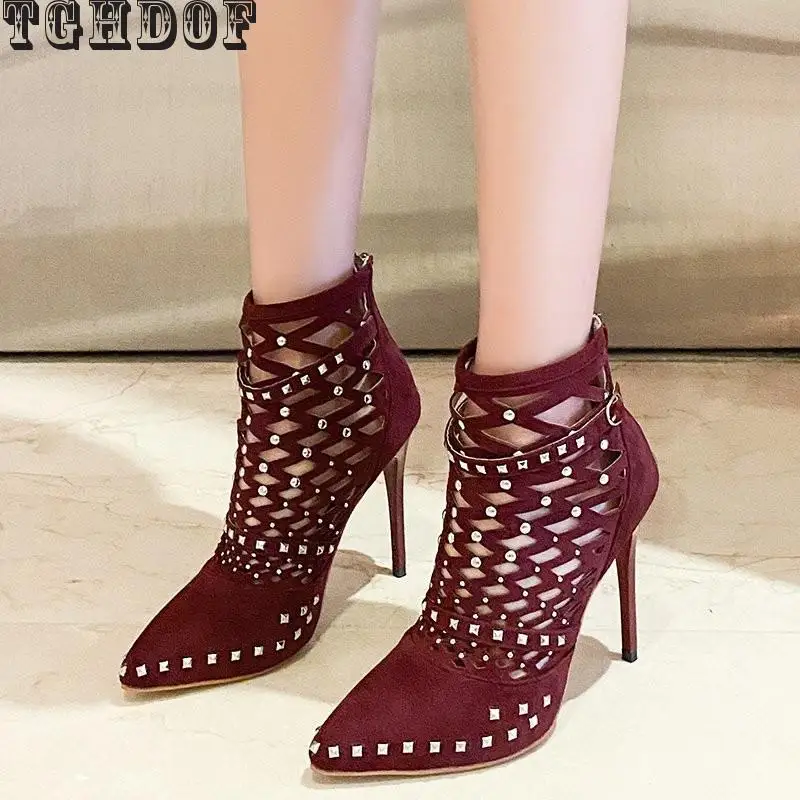 

TGDOF Brand New Ladies Pointed Toe Summer Sandals Thin High Heels Rivet Hollow Sandals Women Sexy Party OL Shoes Woman2021