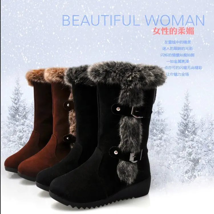 New Winter Women's Boots Casual Warm Fur Mid-tube Shoes Round Toe Slope with Snow Muje Large Size 42 | Обувь