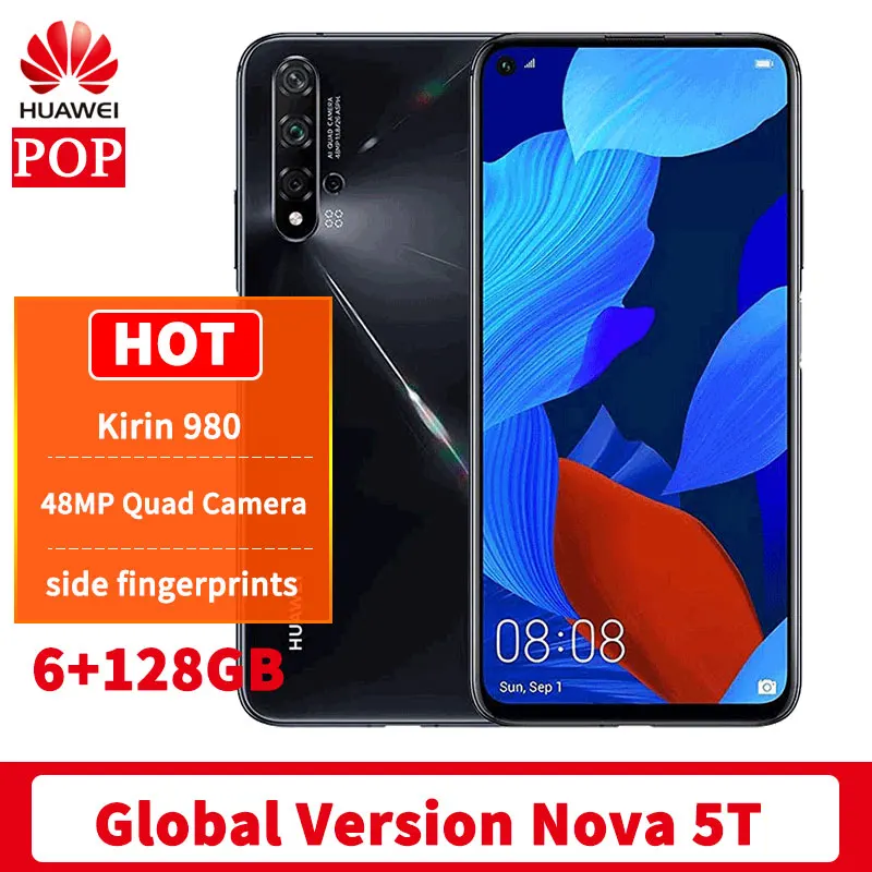 Глобальная версия HUAWEI Nova/5T мобильного телефона 6 26 дюймов Kirin 980 Octa Core ГБ ОЗУ 128 ROM 48MP