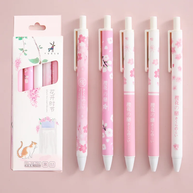 

5Pcs Retractable Gel Pens Cute Cate Sakura Peach Pattern Black Ink Pen 0.5mm Fine Point Kawaii Stationery School Office Supplies