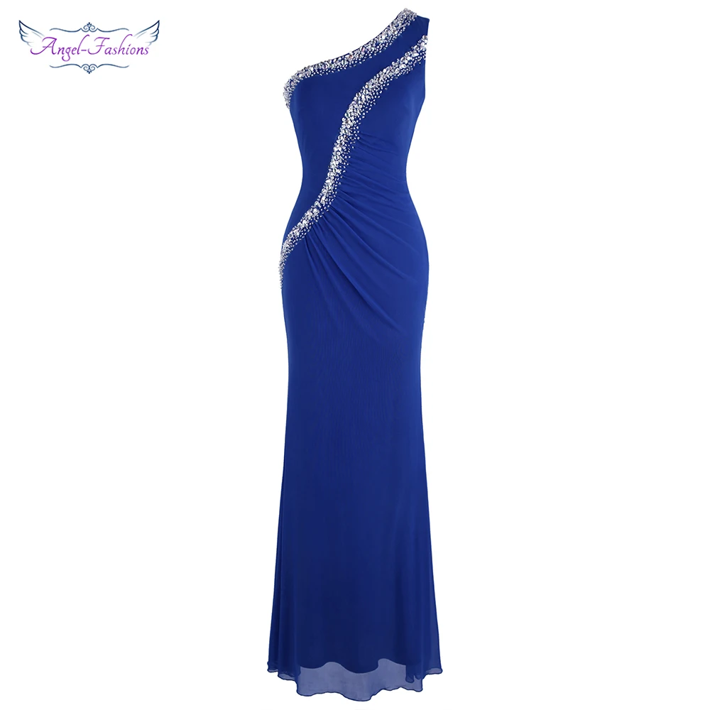 Женское длинное вечернее платье Angel-fashions синее плиссированное из тюля на одно
