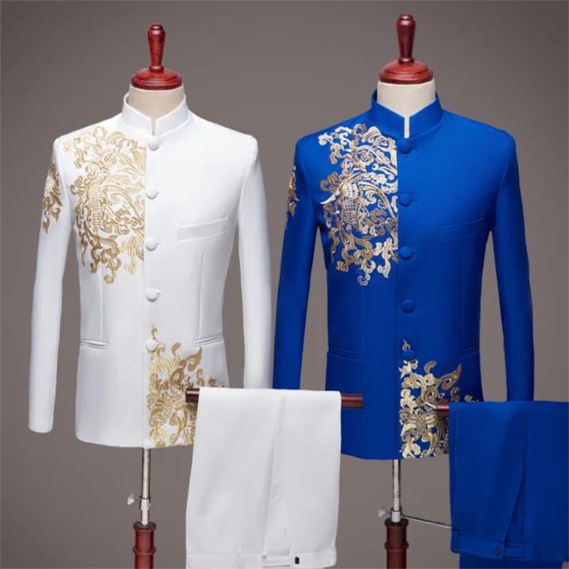 Blazer men Chinese tunic suit set with pants mens wedding suits singer star style dance stage cloth Chinese style formal dress