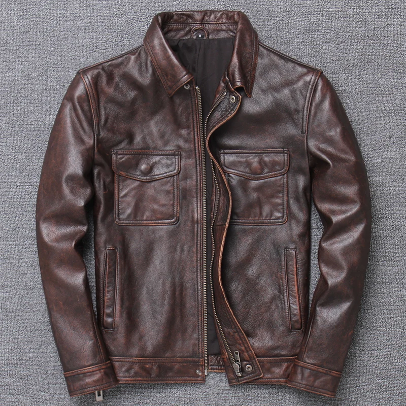 

Genuine Clothing Male Lapel Short Head Layer Cowhide Leather Jacket Single Fund Locomotive Skin Loose Coat Motorcycle