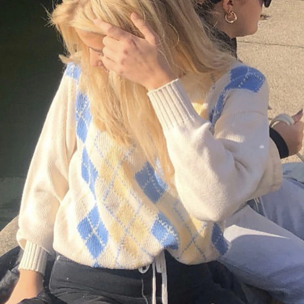 

Casual Woolen Blouse Jumper Pullover Y2K Knit Sweater Classic Plaid Printed V-neck Knitting Long sleeve Sweater Tops Streetwear