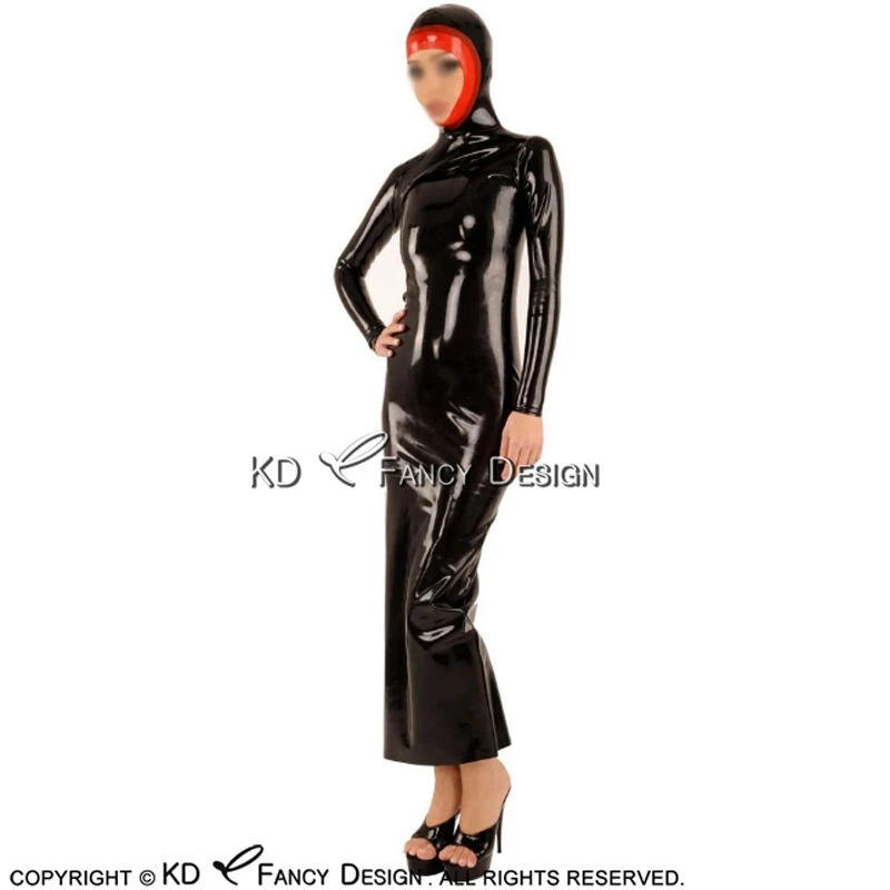 Черный и красный планки сексуальное латексное платье Aodai с капюшонами открытым