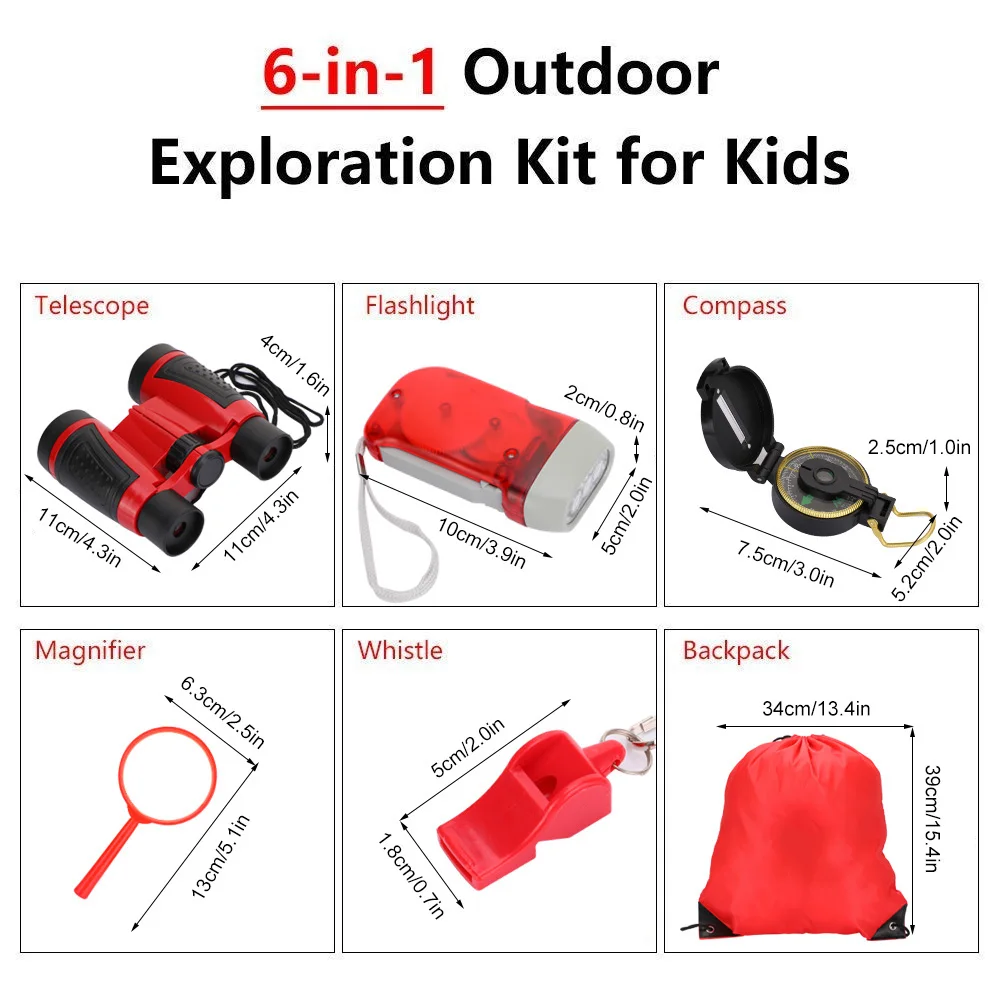 

6-In-1 Junior Outdoor Expedition Kit Binoculars Hand-Crank LED Flashlight Lensatic Compass Suitable For 3 Age Old Above Children