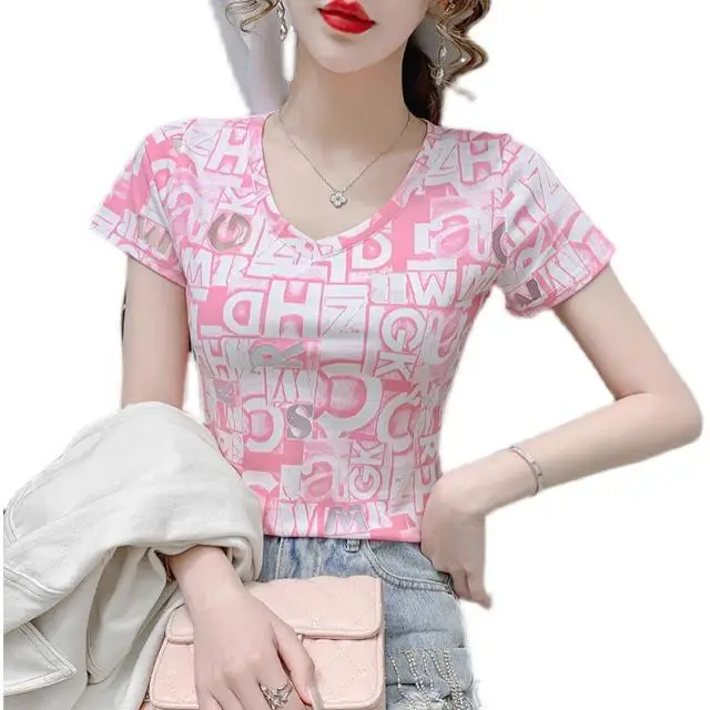 

Heavy industry screen hollow letter printing short sleeve T-shirt women's fashion