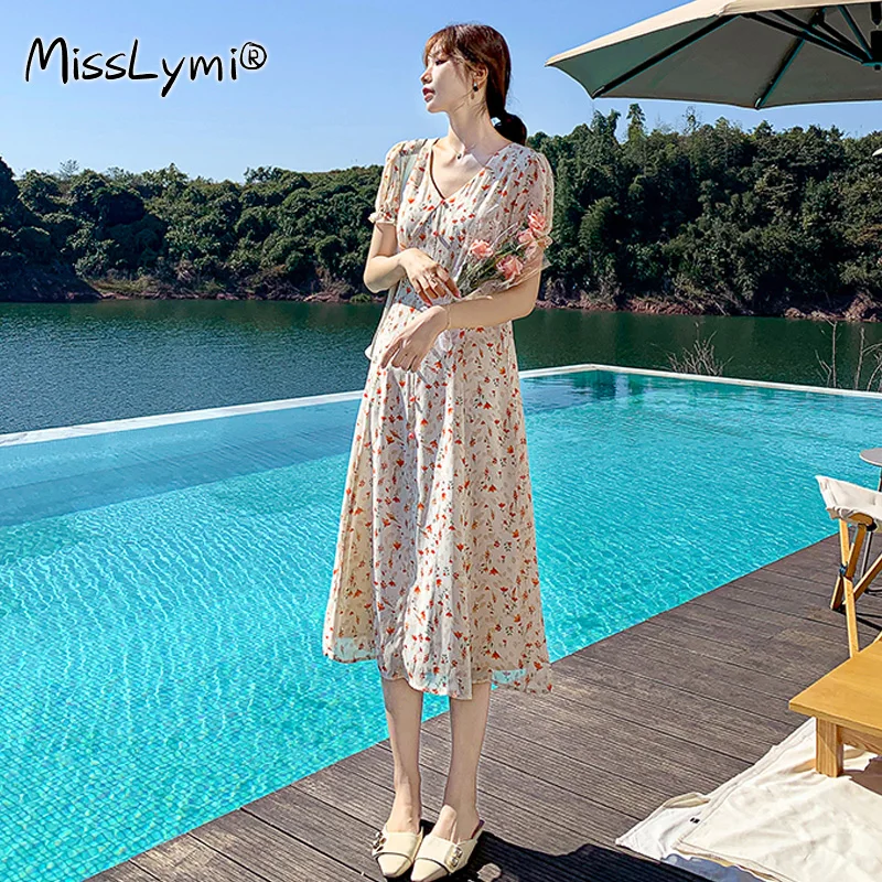 

4XL Plus Size Women Elegant Print Holiday Dress Summer 2021 V-neck Short Sleeve Single-breast Ladies Floral Chiffon Shirt Dress