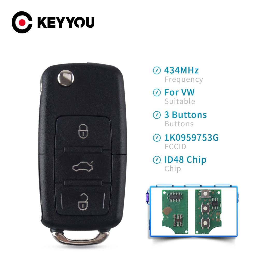 KEYYOU ID48 чип 434 МГц для VW Volkswagen Golf Passat Polo Jetta Touran Bora Sharan 1K0 959 753 G 2004 2010 дистанционный