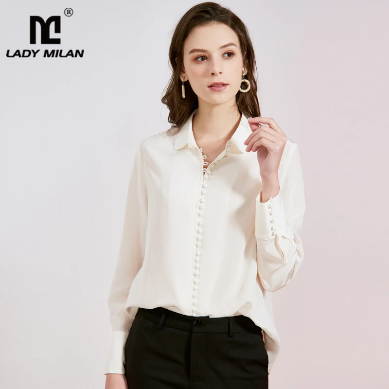 Женская рубашка из чистого шелка элегантная офисная блузка с отложным