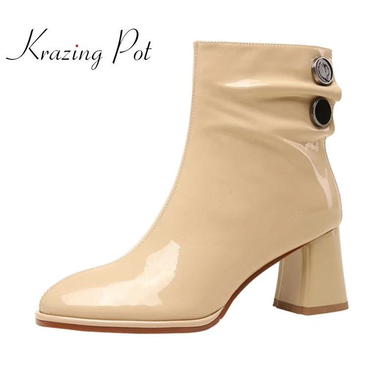 

krazing pot cow patent leather round toe high heels European style mature office lady daily wear elegant basic ankle boots L21