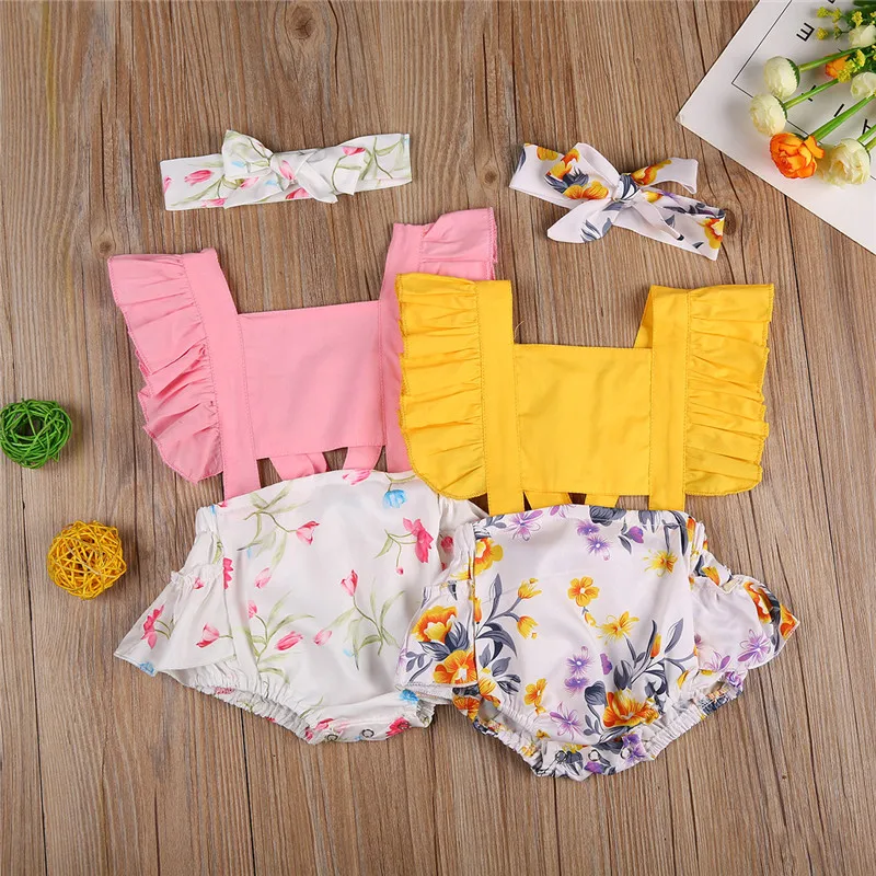 

Милый комбинезон для маленьких девочек от 0 до 24 месяцев, 2 предмета, Летний комбинезон с рукавами-крылышками и цветочным принтом, повязка на ...