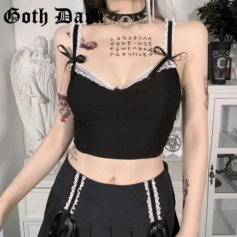 

Goth Dark Crop Top Gothic Aesthetic Summer Y2K Sexy Lace Black Camis Goth Backless Bra Build Corset Tops High Street Basic Camis