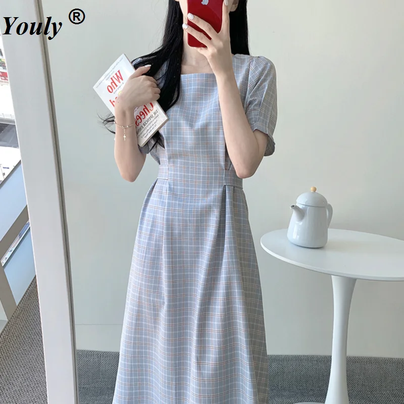 

Vintage Plaid Cotton Linen Mini Dress Women 2022 Summer Casual Loose Lace Up Elegant Simple Party Dress Holiday Slim Beach Dress