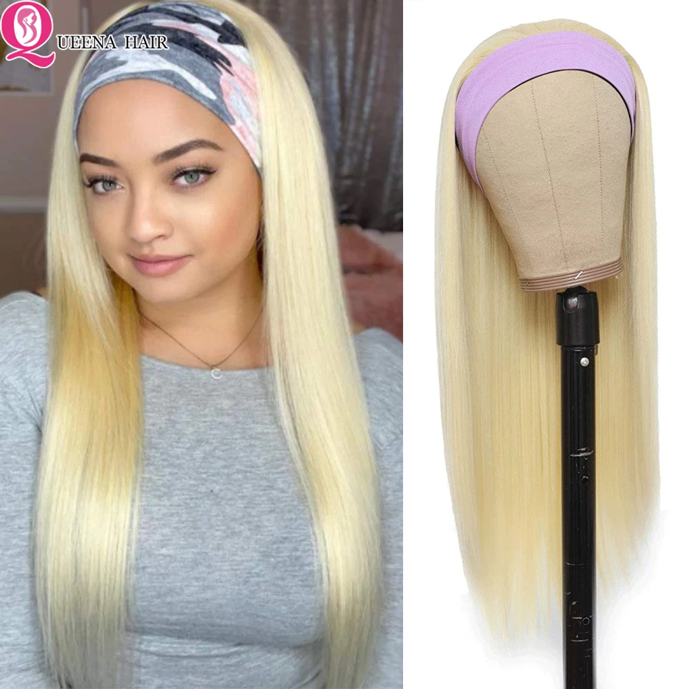 Peruca de Cabelo Reta com Anexado Perucas para as Mulheres Humano Loira Peruca Cachecol Remy Brasileiro Cabeça Banda Perucas 150% 613 Mel