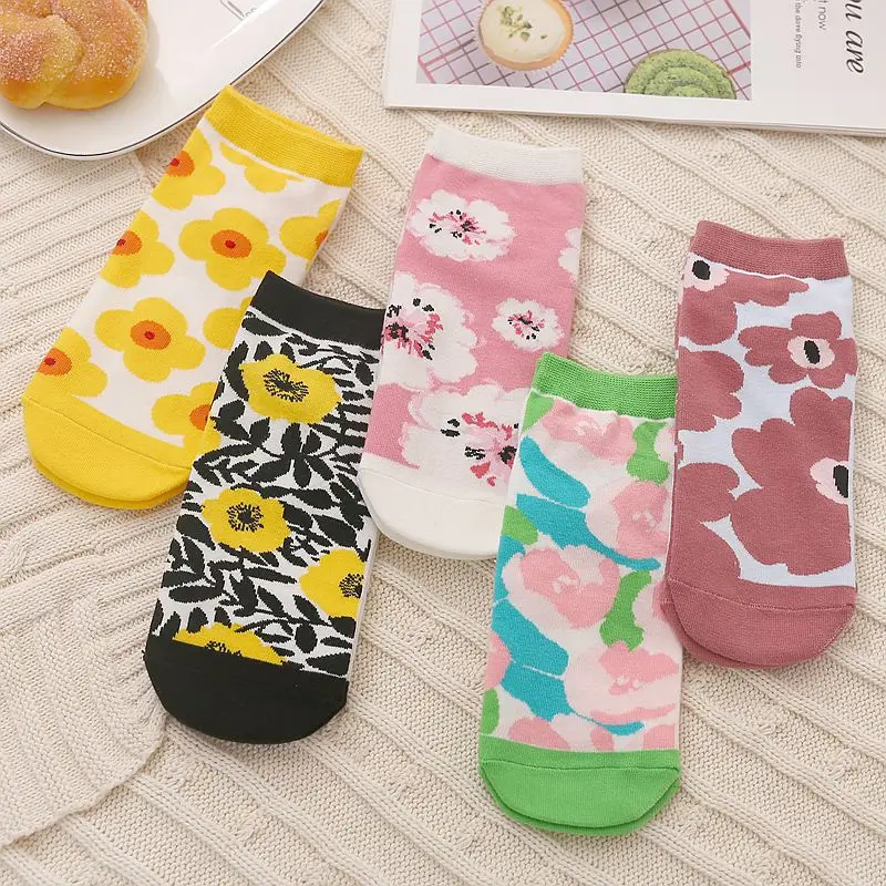 

Funny Socks Women's Casual Fashion Floral Printed Boat Ankle Socks Cotton Comfortable Summer Happy Art Japanese Korean Style Hot