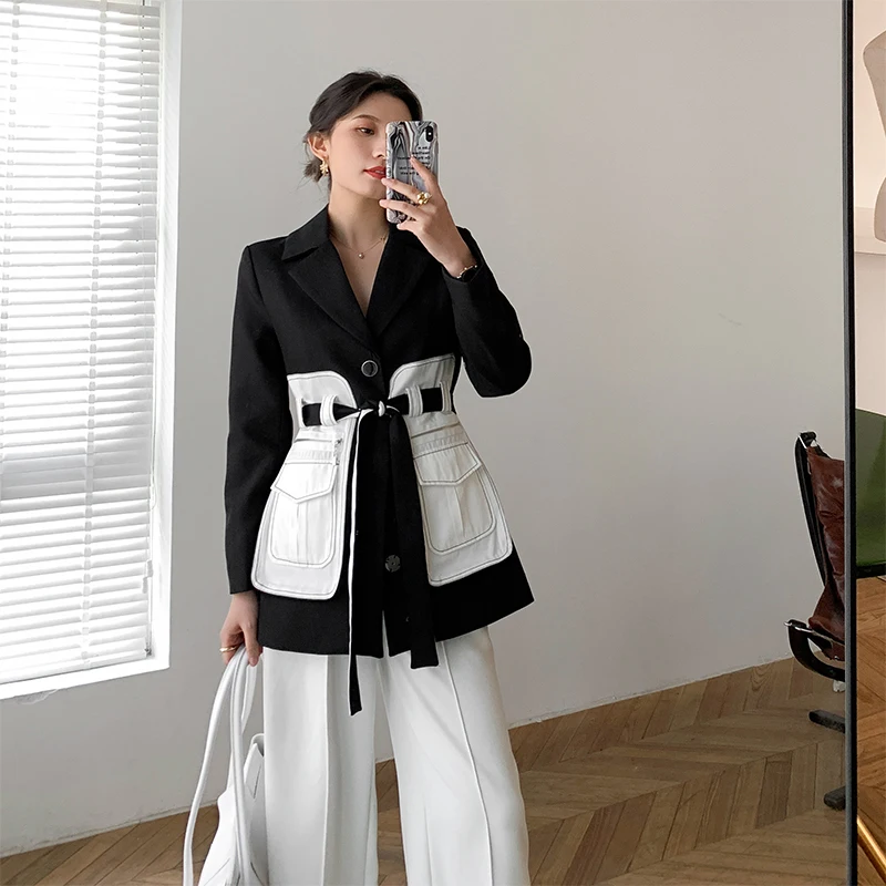 

Women Blazer 2020 Spring Office Lady Sashes Notched Patchwork Matching Black and White Jackets Suit Blazers Femme Outerwear