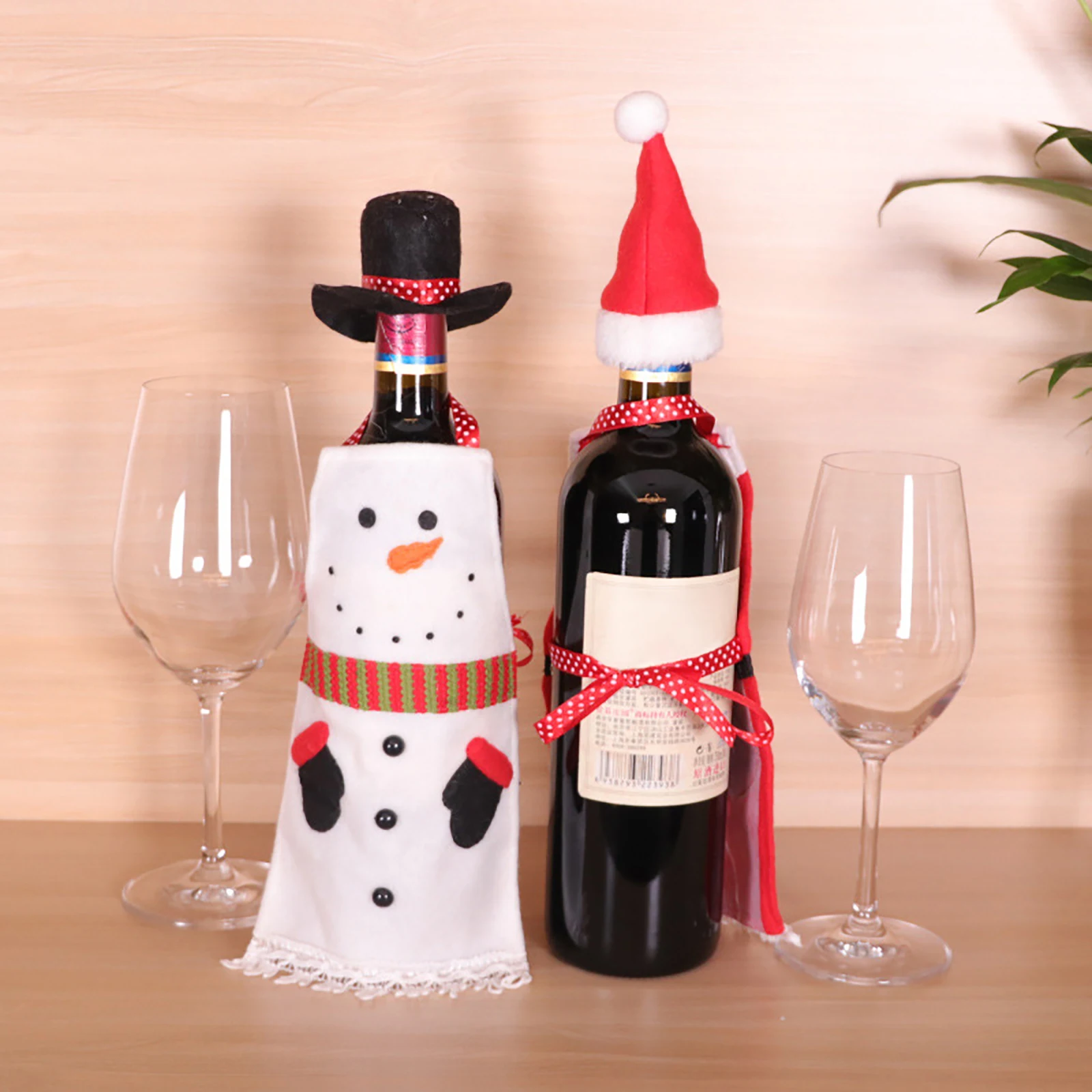 

2 Pcs Christmas Wine Bottle Cover, Red & White Santa Snowman Design