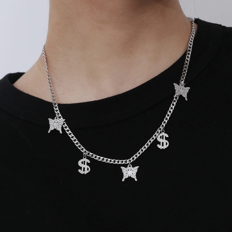 

Stainless Steel Choker Necklace for Women Gothic Cuban Link Chains Butterfly Pedant Necklace Punk Couple Neck Collar Jewelry