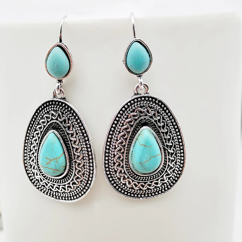 Banny Pink Bohemia Turquoises Earrings Vintage Stone Waterdrop Dangle Ethnic Indian Statement Drop Brincos | Украшения и