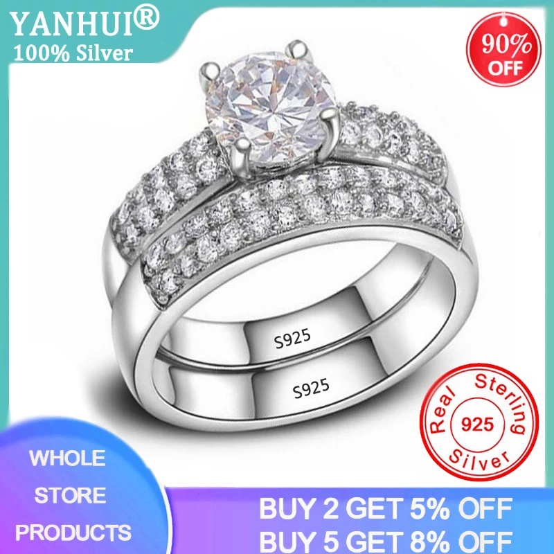 

YANHUI Fine Jewelry Crystal White Zircon 925 Sterling Silver Ring Wedding Bridal Sets Promise Engagement Rings For Women R975