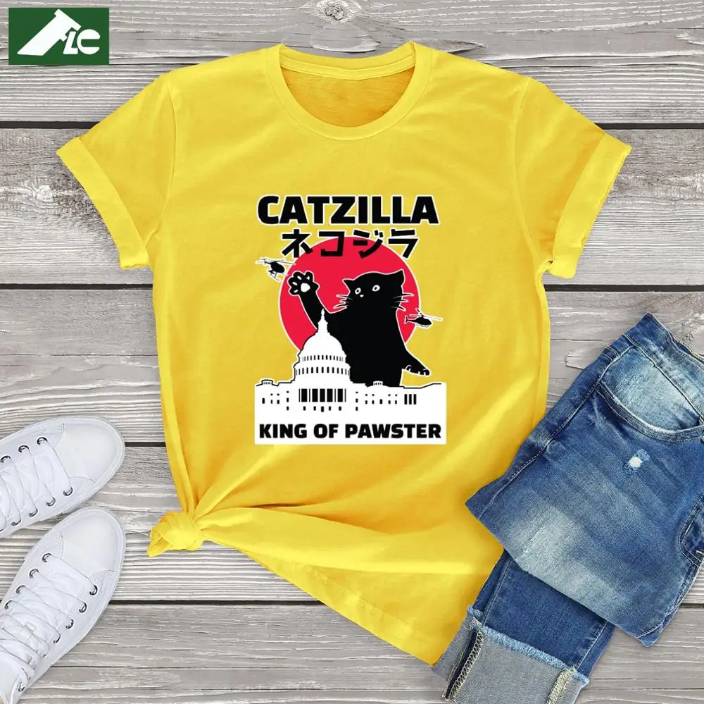 

Funny Cat T Shirt women clothing 100 Cotton unisex anime clothes harajuku Catzilla Tees Japanese Vintage Shirts mens ladies tops