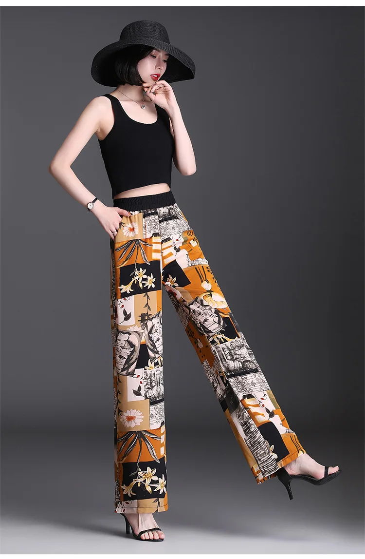 

Vintage Print Wide Leg Pants 2021 Summer Women Fashion Loose Casual Elastic High Waist Plus Size Elegant Thin Straight Trousers