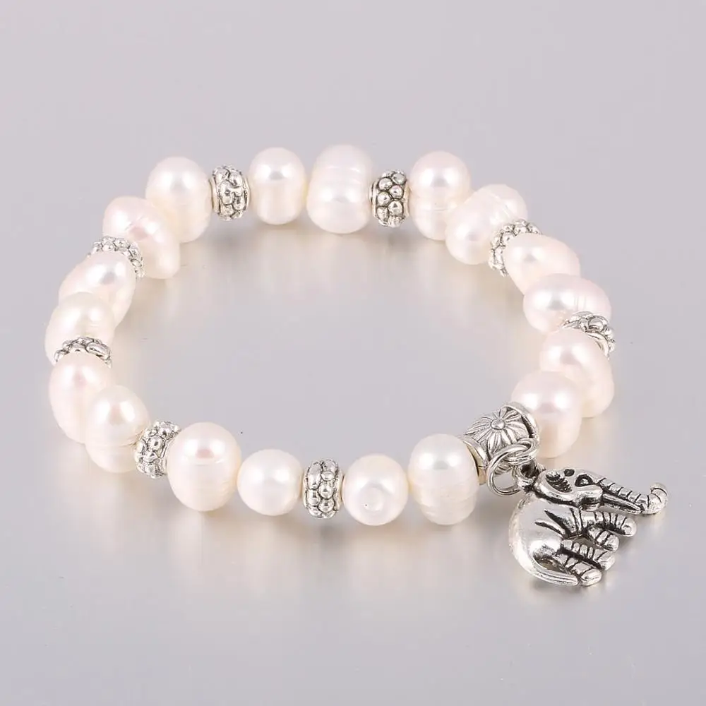 Браслет подвеска слон из цинкового сплава с пресноводным жемчугом 8 мм 19