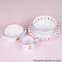 original enamel full tableware bowl enamel mugs childrens cup home kitchen drinking milk coffee cup strawberry bowl plate set