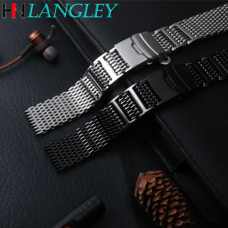 Stylish Stainless Steel Bracelet Straps Shark Mesh H-Link Watch Band Bracelet Metal Mesh Band Double Deployment Clasp 20/22/24mm