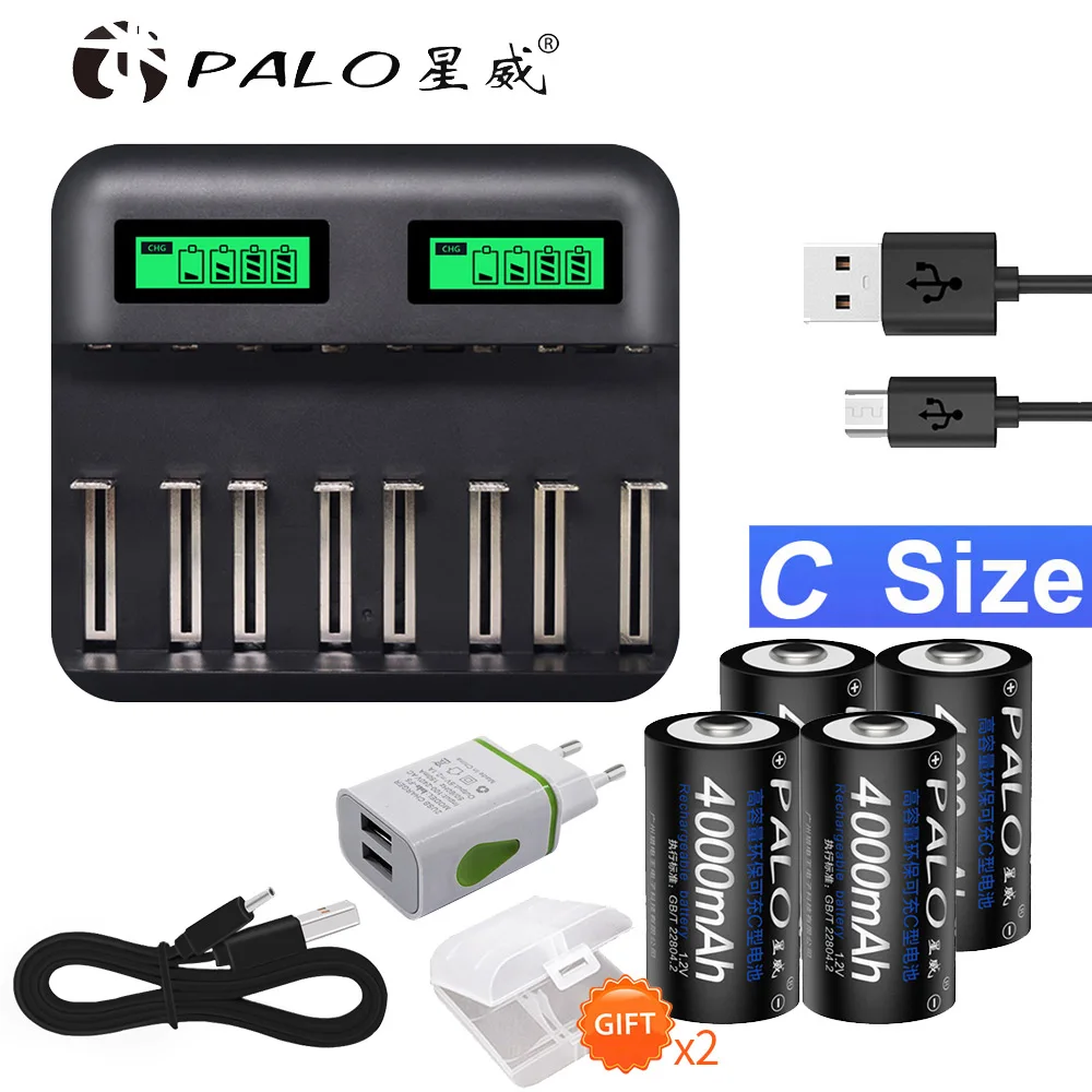 4PCS and charger PALO 4 шт 4000mAh 1,2 V Ni-MH C размер аккумуляторные батареи для газовой плиты/автомобиля игрушки с более высокими возможностями тока - Цвет: 4PCS and charger