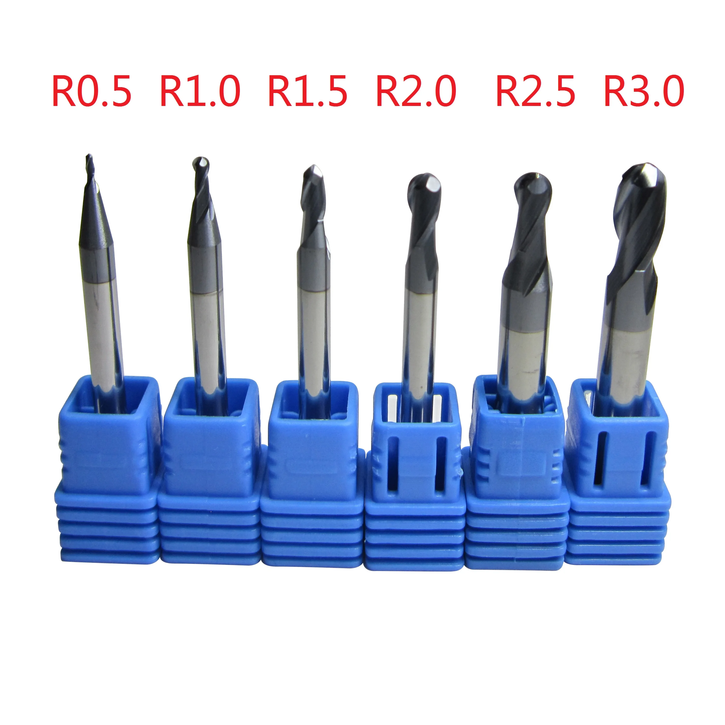 6PCS R0.5 R1.0 R1.5 R2.0 R2.5 R3.0 HRC45 2 flutes Carbide Ball Nose End Mills set ballnose endmills CNC metalworking for steel |