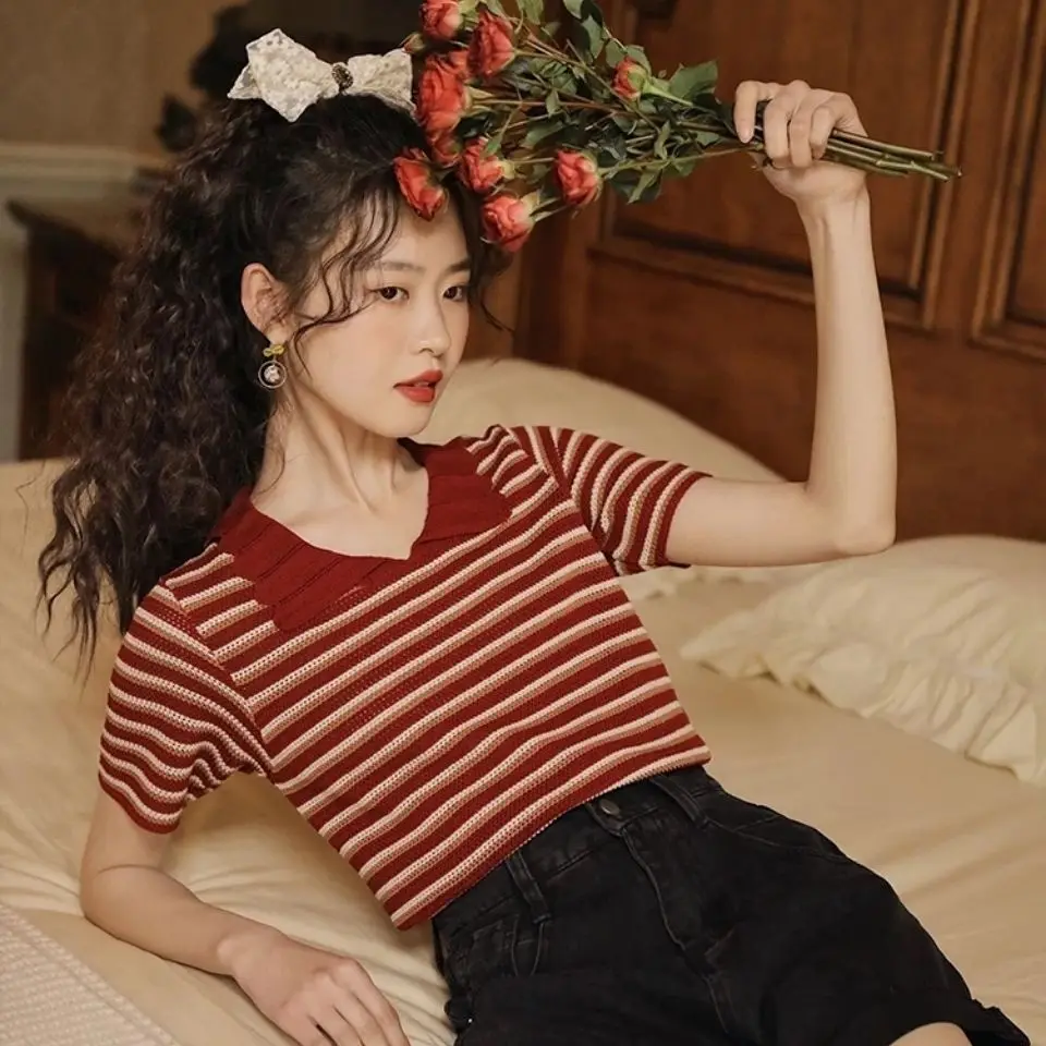 

Summer Short Women T-Shirt Breathable Knitting Top Short Sleeve Ice Silk Viintage Femal Clothe