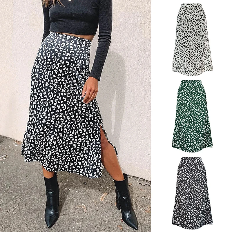 

2022 Spring Summer Women's Leopard Print Chiffon Print Split A-line Skirt Casual Sexy Zipper High Waist Skirts Fashion