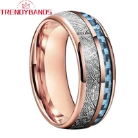 8mm rose gold tungten wedding bands for women men blue carbon fiber meteorite inlay engagement polished finished comfort fit