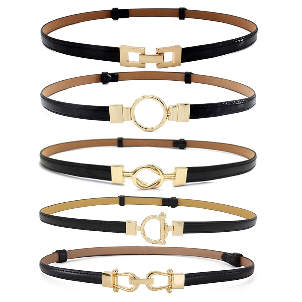 

Women black Leather Belt Gold cutout square Alloy Buckle Thin Girdle Waistband Adjustable lady Dress Waist Strap belts For Women