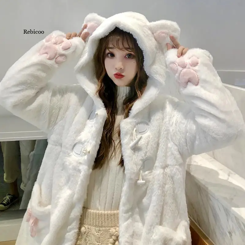 

Autumn Winter Japanese Kawaii Lolita Teddy Rabbit Ears Hooded Soft Girl Jacket Artificial Fur Warm Girls Faux Wool Lolita Coats