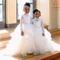 high neck long sleeve ivory lace flower girls dresses for weddings ball gown tiered 2022 new toddlers vestidos communion wear