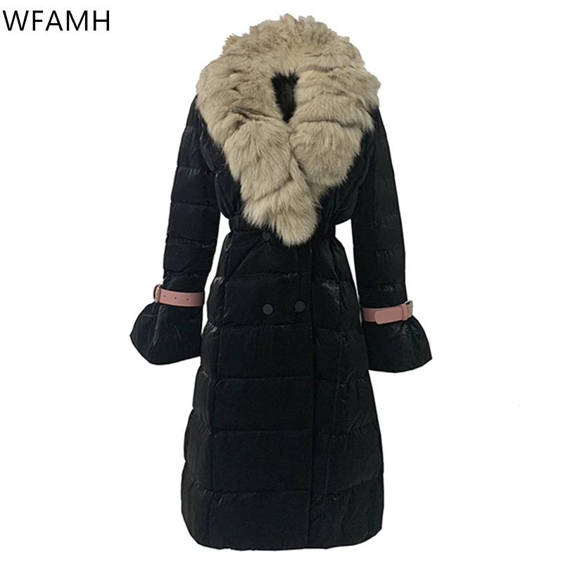 2023Winter New Fashion High Waist Slim White Duck Down Jacket Temperament Big Fox Fur Collar Coat Mid-length Thick