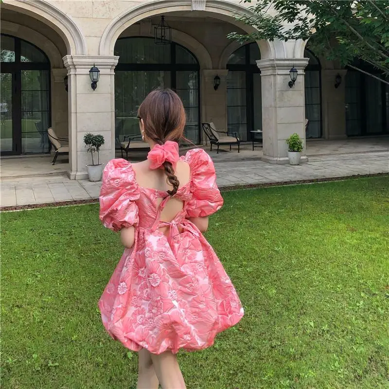 

One-Piece French Summer Dress Sweet Square Collar Tender Girl Puff Sleeve Dress Backless Bandage Bow Jacquard Party Bud Dresse