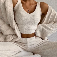 fluffy 2 piece suit set lounge sexy women soft knit sweater tank top and pants casual homewear cozy com outfits pajamas 2021