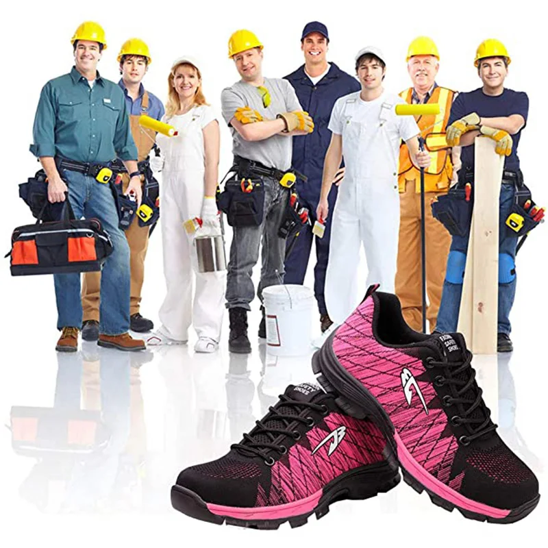 Уличные защитные ботинки для мужчин и женщин, Мужская дышащая обувь, проколостойкие рабочие кроссовки со стальным носком, Розовая обувь для... от AliExpress RU&CIS NEW