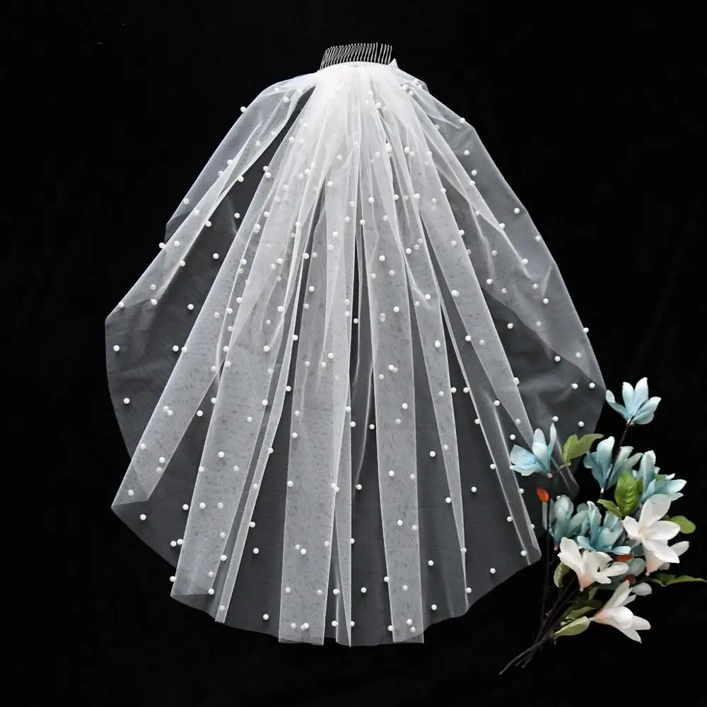 

Белая Однослойная короткая свадебная вуаль ZMV05 цвета слоновой кости, жемчужная простая элегантная плечевая вуаль с расческой, свадебные ак...