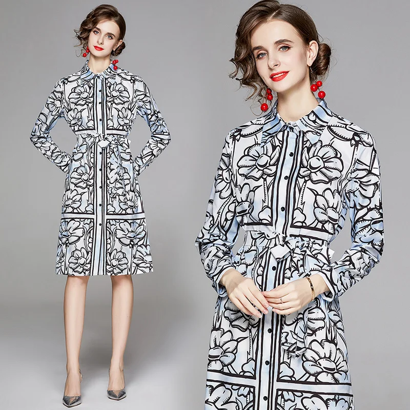 

Europe and America England Style Design Print Spring/Autumn Summer Elegant Office Party Straight Belted Knee-Length Shirt Dress