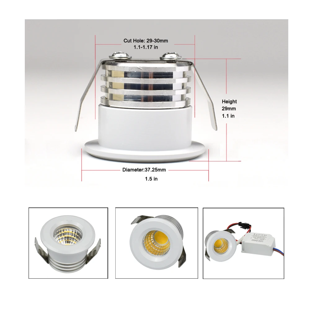 Foco de luz de LED de techo empotrado pequeño, COB, 3W, 110V, 220V, controlador regulable incluido para escaparate de casa, armario, hotel, rodapiés, etc.