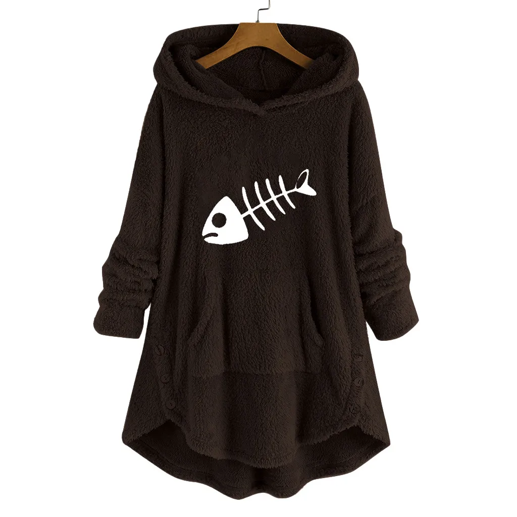 Женское длинное худи с принтом кошки теплая толстовка из флиса карманами и