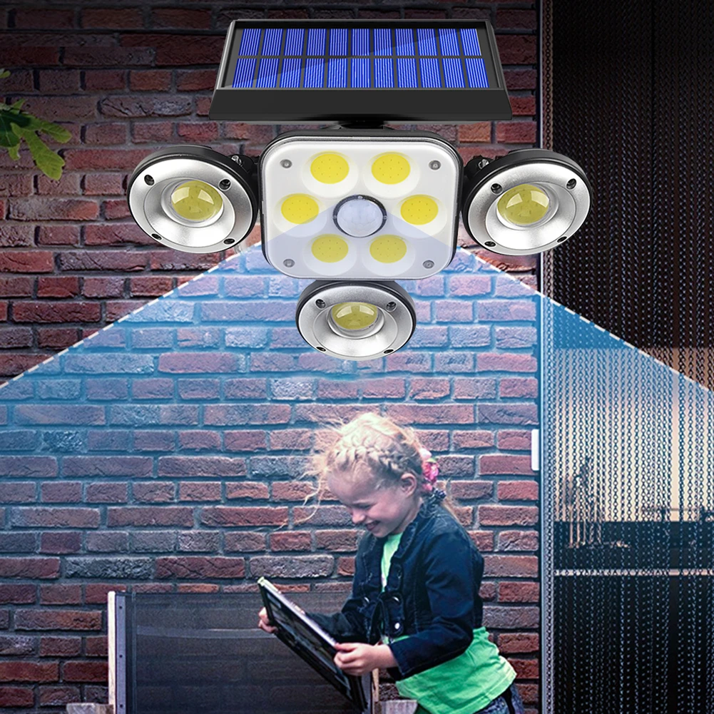

Мощная 102 СВЕТОДИОДНАЯ лампа на солнечной батарее, 4 головки, датчик движения, 270 широкоугольное освещение, уличная Водонепроницаемая настен...